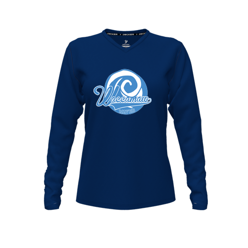 [CUS-DFW-TEES-CMF-VNK-LSL-NVY-FYXS-LOGO1] Decker Comfort T-Shirt (Female Youth XS, Navy, V Neck, Logo 1, Long Sleeve)