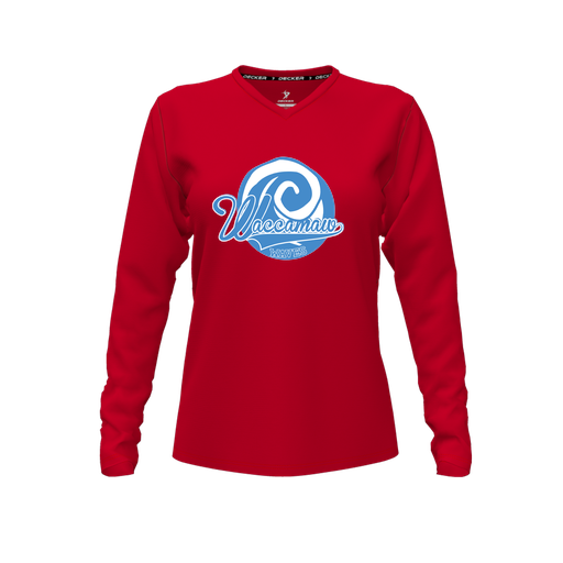 [CUS-DFW-TEES-CMF-VNK-LSL-RED-FYXS-LOGO1] Comfort T-Shirt (Female Youth XS, Red, V Neck, Logo 1, Long Sleeve)
